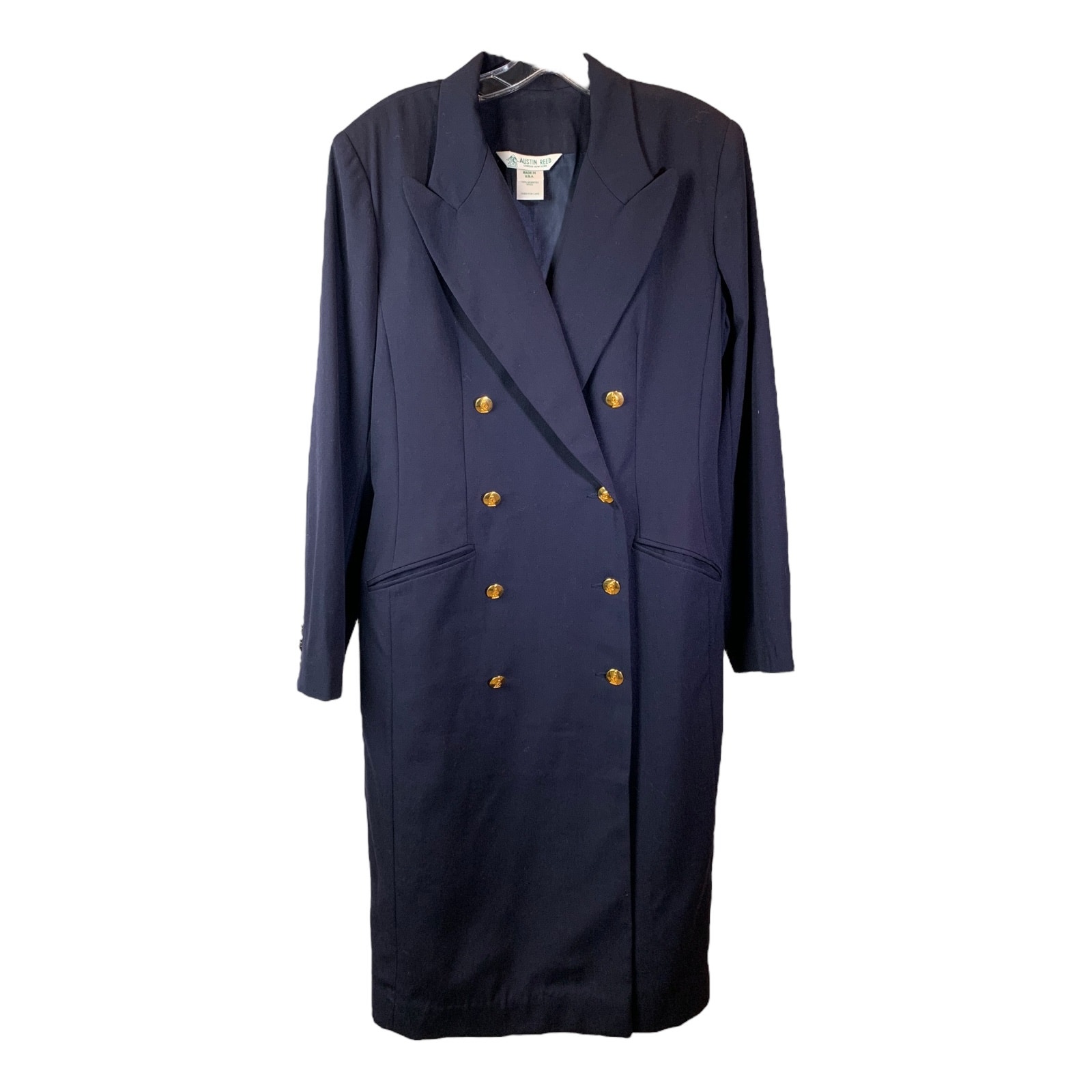 Austin Reed Coat Womens 12 Navy Blue Worsted Wool Double Breasted Gold Buttons